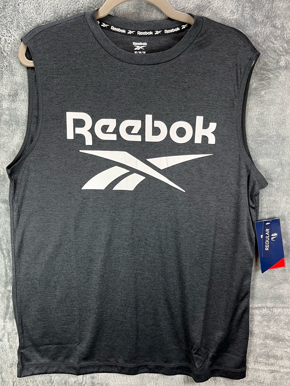 Reebok Men's Charcoal Sleeveless Logo Tank Top - White Logo